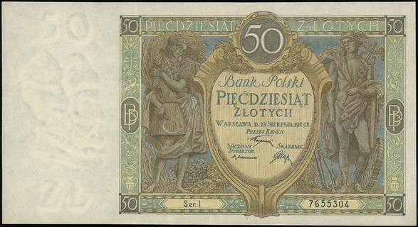 50 złotych 28.08.1925, seria I, numeracja 7655304, Lucow 623 (R3) - ale nie notuje tej serii, Miłczak 62a, banknot po lekkiej fachowej konserwacji, rzadkie