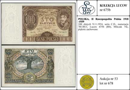 100 złotych 9.11.1934, seria C.D., numeracja 7813813, Lucow 675b (R0), Miłczak 74c, pięknie zachowane