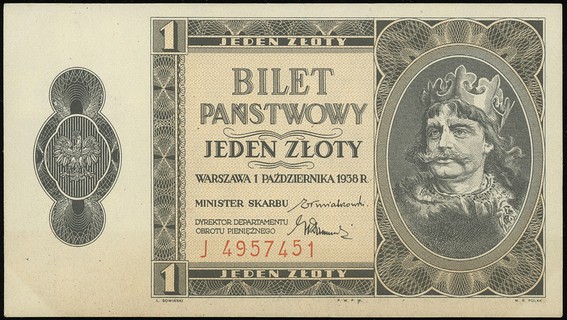 1 złoty 1.10.1938, seria J, numeracja 4957451, Lucow 718 (R3), Miłczak 78a, papier lekko zażółcony