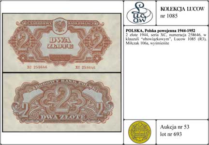 2 złote 1944, seria XC, numeracja 258646, w klau