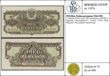 5 złotych 1944, seria УH, numeracja 437620, w klauzuli obowiązkowe, Lucow 1107a (R2), Miłczak 114a, pięknie zachowane