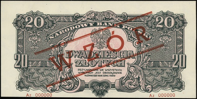 20 złotych 1944, seria Az, numeracja 000000, w klauzuli obowiązkowe, po obu stronach ukośny czerwony nadruk WZÓR, Lucow 1117 (R6), Miłczak'12 116Wd, pięknie zachowane i rzadkie
