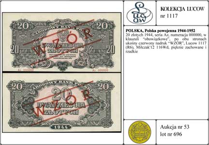 20 złotych 1944, seria Az, numeracja 000000, w klauzuli obowiązkowe, po obu stronach ukośny czerwony nadruk WZÓR, Lucow 1117 (R6), Miłczak'12 116Wd, pięknie zachowane i rzadkie