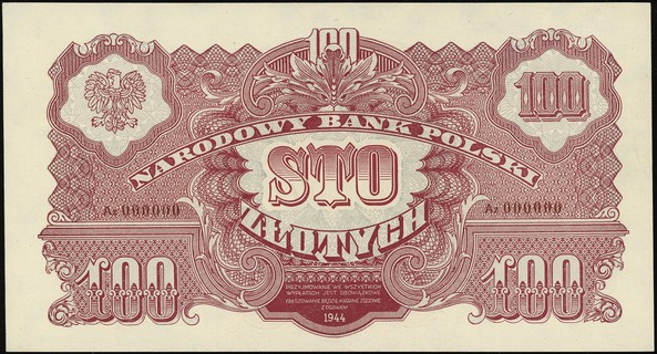 100 złotych 1944, seria Az, numeracja 000000, w 