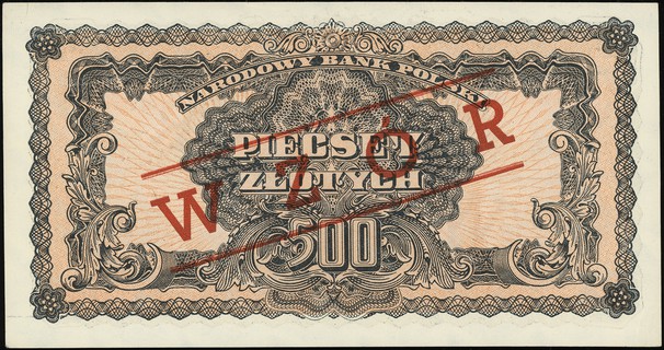 500 złotych 1944, seria Ax, numeracja 638166, w klauzuli obowiązkowe, po obu stronach ukośny czerwony nadruk WZÓR, Lucow 1140 (R5), Miłczak'12 119Wb, pięknie zachowane i rzadkie