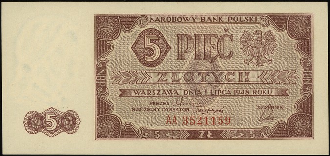 5 złotych 1.07.1948, seria AA, numeracja 3521159, Lucow 1246a (R2), Miłczak 135b, wyśmienity stan zachowania
