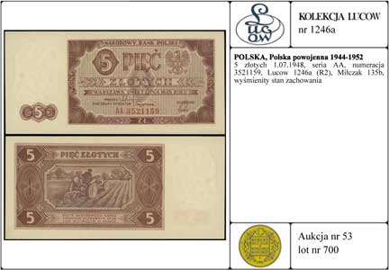 5 złotych 1.07.1948, seria AA, numeracja 3521159, Lucow 1246a (R2), Miłczak 135b, wyśmienity stan zachowania