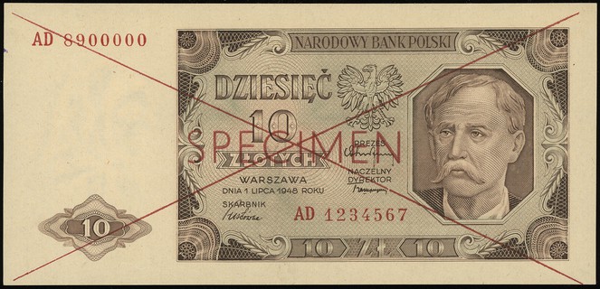 10 złotych 1.07.1948, seria AD, numeracja 123456