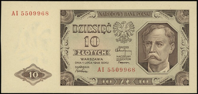 10 złotych 1.07.1948, seria AI, numeracja 5509968, Lucow 1253a (R1), Miłczak 136b, wyśmienicie zachowane