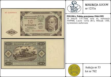 10 złotych 1.07.1948, seria AI, numeracja 5509968, Lucow 1253a (R1), Miłczak 136b, wyśmienicie zachowane
