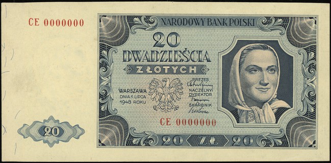 20 złotych 1.07.1948, seria CE, numeracja 000000