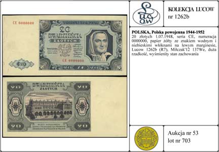 20 złotych 1.07.1948, seria CE, numeracja 0000000, papier żółty ze znakiem wodnym i niebieskimi włóknami na lewym marginesie, Lucow 1262b (R7), Miłczak'12 137We, duża rzadkość, wyśmienity stan zachowania