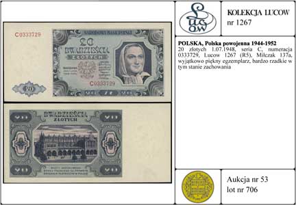 20 złotych 1.07.1948, seria C, numeracja 0333729, Lucow 1267 (R5), Miłczak 137a, wyjątkowo piękny egzemplarz, bardzo rzadkie w tym stanie zachowania