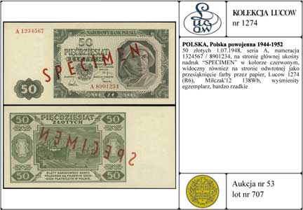 50 złotych 1.07.1948, seria A, numeracja 1324567 / 8901234, na stronie głównej ukośny nadruk SPECIMEN w kolorze czerwonym, widoczny również na stronie odwrotnej jako przesiąknięcie farby przez papier, Lucow 1274 (R6), Miłczak'12 138Wb, wyśmienity egzemplarz, bardzo rzadkie