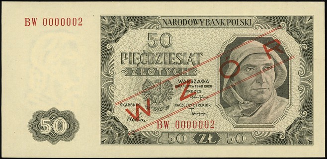 50 złotych 1.07.1948, seria BW, numeracja 000000