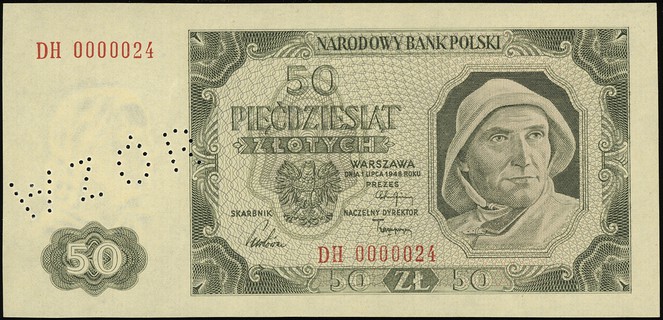 50 złotych 1.07.1948, seria DH, numeracja 000002