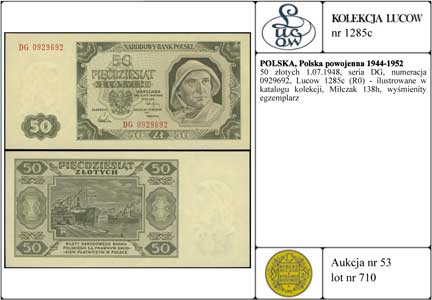 50 złotych 1.07.1948, seria DG, numeracja 0929692, Lucow 1285c (R0) - ilustrowane w katalogu kolekcji, Miłczak 138h, wyśmienity egzemplarz
