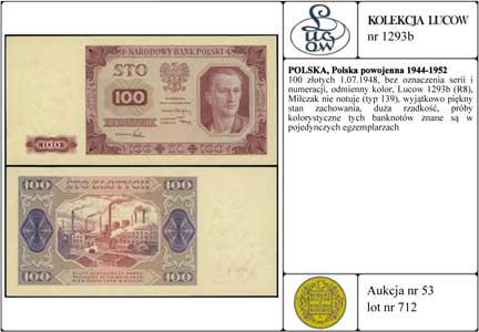 100 złotych 1.07.1948, bez oznaczenia serii i numeracji, odmienny kolor, Lucow 1293b (R8), Miłczak nie notuje (typ 139), wyjątkowo piękny stan zachowania, duża rzadkość, próby kolorystyczne tych banknotów znane są w pojedynczych egzemplarzach