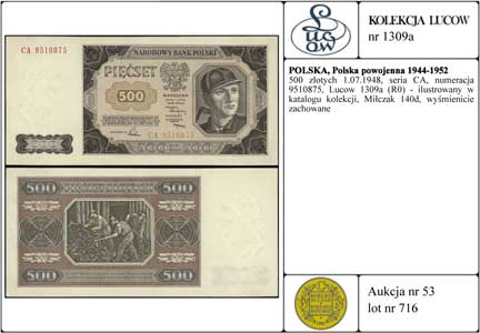 500 złotych 1.07.1948, seria CA, numeracja 9510875, Lucow 1309a (R0) - ilustrowany w katalogu kolekcji, Miłczak 140d, wyśmienicie zachowane