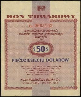 Bank Polska Kasa Opieki SA, bon na 50 dolarów, 1.01.1960, seria Di, numeracja 0065102, z klauzulą na stronie odwrotnej, Miłczak B9b, bardzo rzadki