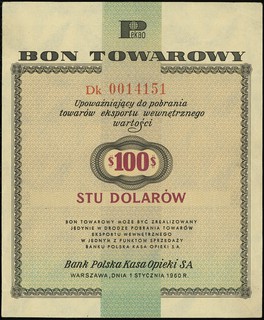 Bank Polska Kasa Opieki SA, bon na 100 dolarów, 1.01.1960, seria Dk, numeracja 0014151, z klauzulą na stronie odwrotnej, Miłczak B10b, bardzo rzadki i bardzo ładnie zachowany