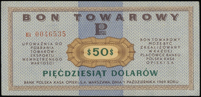 Bank Polska Kasa Opieki SA, bon na 50 dolarów, 1.10.1969, seria Ei, numeracja 0046535, Miłczak B22a, rzadki