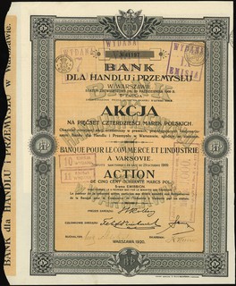 Bank dla Handlu i Przemysłu w Warszawie, akcja na 540 marek polskich, 5-ta emisja, Warszawa 1920, talon z 6 kuponami, Niegrzyb. I-E-63