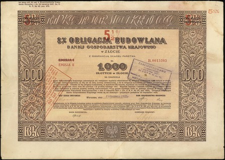 Bank Gospodarstwa Krajowego, 8% obligacja budowlana na 1.000 złotych w złocie, Warszawa 1.01.1931, II emisja przestemplowana na 5 1/2 %, Niegrzyb. I-B-1, rzadka