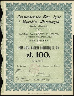 Częstochowska Fabryka Igieł i Wyrobów Metalowych S.A., akcja na 100 złotych, III emisja, Warszawa 1929, talon z 2 kuponami, Niegrzyb. VI-B-9, rzadka