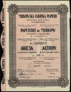 Mirkowska Fabryka Papieru S.A. w Warszawie, akcja na 150 złotych, Warszawa 1931, talon z 1 kuponem, Niegrzyb. XVI-A-12, rzadka