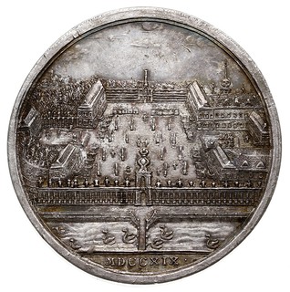 Medal sygnowany WIF (norweski medalier) na przywitanie nowożeńców królewicza Fryderyka Augusta przyszłego króla Polski i Marii Józefy w Dreźnie, 1719 r, Aw: Wzlatujący Merkury, w otoku napis CALLET COMMERCIA MUNDI, poniżej sygnatura WIF, Rw: Widok rezydencji królewskiej w Dreźnie- Zwinger, poniżej data, srebro 48,5 mm, 48.93 g, H-Cz. 7804 (R3), piękny i bardzo rzadki medal wybity na okazję uroczystości weselnych w Dreźnie, patyna