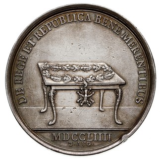 medal nagrodowy BENE MERENTIBUS autorstwa Wermuth’a 1754r., Aw: Popiersie króla w prawo, poniżej sygnatura, w otoku napis AUGUSTUS III D.G. REX POLONIARUM, Rw: Stół na nim przewieszony order Orła Białego, poniżej data MDCCLIIII / 3.AUG, w otoku napis DE REGE ET REPUBLICA BENE MERENTIBUS, srebro 52.8 mm, 57.80 g, H-Cz. 2852 (R1), uderzenie na brzegu, drobne rysy w tle, patyna