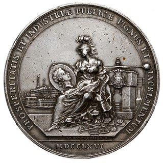 Medal autorstwa J.F. Holzhaeussera dedykowany królowi przez członków Komisji Menniczej i upamiętniający reformę monetarną, wybity w 1766 r., Aw: Minerwa trzymająca medalion z głową króla i róg obfitości na tle Zamku Królewskiego i prasy menniczej wokoło napis PROSPERITATIS ET INDUSTRIAE PUBLICAE PIGNUS ET INCREMENTUM, w odcinku data, Rw: Napis poziomy w wieńcu w dwunastu wierszach, srebro 67 mm, 156.24 g, H-Cz.3052 (R1), Racz. 507, Więcek 13, małe uszkodzenia na boku i na tle, efektowny, okazały medal prezentujący ówcześnie używaną prasę menniczą, patyna