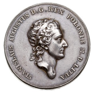 Dar królewski (stała roczna dotacja) dla miasta Krakowa, medal autorstwa Holzhaeussera 1787, Aw: Popiersie króla w prawo i napis, STANISLAUS AUGUSTUS D G REX POLONIAE M D LITUA, Rw: Napis poziomy SVBLEVANDAE / URBI CRACOVIAE / PRISCAE METROPOLI / POLONIAE / E PRPRIIS REDITIBUS / CONCESSIT / S A R / ANNUUM CENSUM / MDCCLXXXVII, srebro 40 mm, 29.61 g, H-Cz. 3288 (R3), Racz. 534, Więcek 67, rzadki, uszkodzenia na boku i drobne rysy w tle, patyna