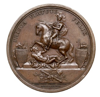 Medal sygnowany F L (Friedrich Loos - medalier berliński) wybity w 1789 r. ofiarowany królowi przez posła pruskiego Luchesiniego dla upamiętnienia sejmu, który uchwalił powołanie 100-tysięcznej armiii i wystawienie pomnika w Łazienkach z okazji setnej rocznicy śmierci Jana III Sobieskiego, Aw: Pomnik króla Jana III Łazienkach i napis PRISCA VIRTUTE FELIX, w odcinku CONCORD COMIT CONUOC / MDCCLXXXVIII, Rw: Polonia z tarczą i mieczem na tle sprzętu wojskowego, napisy wokoło PRISCA MARTE TUTA i w odcinku AUCTO EXERCITU / MDCCLXXXIX, brąz 51 mm, H-Cz. 3309, Racz. 537, drobne uderzenia na obrzeżu i ryski w tle, patyna