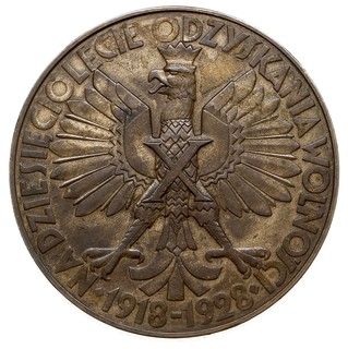 Medal na X-lecie Odzyskania Wolności autorstwa T. Breyera 1928 r., Aw: Orzeł z cyfrą X na piersi i napis wokoło NA DZIESIĘCIOLECIE ODZYSKANIA WOLNOŚCI, Rw: Polonia z kagankiem w dłoni odrzuca miecz, brąz 55 mm, Strzałkowski 598 (R), miejscowa ciemniejsza patyna