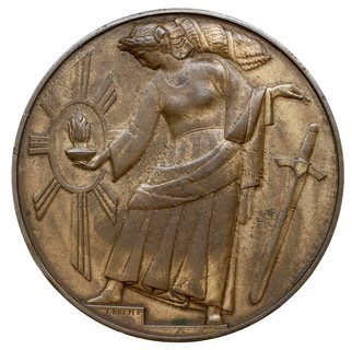 Medal na X-lecie Odzyskania Wolności autorstwa T. Breyera 1928 r., Aw: Orzeł z cyfrą X na piersi i napis wokoło NA DZIESIĘCIOLECIE ODZYSKANIA WOLNOŚCI, Rw: Polonia z kagankiem w dłoni odrzuca miecz, brąz 55 mm, Strzałkowski 598 (R), miejscowa ciemniejsza patyna