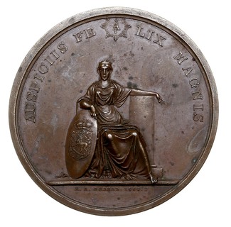 Medal z okazji 300. rocznicy Konfesji Augsburskiej w Finlandii 1817/1830 r., Aw: (autorstwa A. Lialina), Siedząca kobieta z tarczą z herbem Finlandii i napis, Rw: (autorstwa F. Tołstoja), Stojąca kobieta trzymająca puchar i księgę i napisy, brąz 58 mm, Diakov 405.2 (R1), patyna