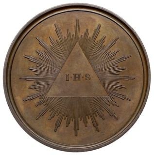 Medal (bez daty) autorstwa Hardmana i Weba, Aw: Głowa Chrystusa w prawo i napis wokoło SALVATOR MVNDI, Rw: Chrystogram w trójkącie, brąz, 55 mm, patyna