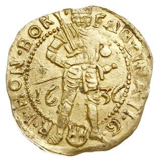 Dukat /dukaat/ 1636, z tytulaturą Ferdynanda II, złoto 3.45 g, Delm. 1132 (R), Verk. 168.3, Purmer Zw08, rzadki, nieco chaotyczna kompozycja bardzo typowa dla tych monet, ładnie zachowany