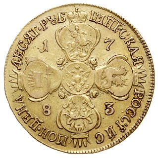 10 rubli (imperiał) 1783 / СПБ TI, Petersburg, złoto 12.80 g, Diakov 454 (R1), Bitkin 45 (R), Fr. 129b, nieco wytarty portret, ale przyzwoity stan zachowania, rzadkie