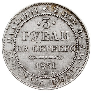 3 ruble 1831 / СПБ, Petersburg, platyna 10.33 g, Bitkin 77 (R), niewielkie pozostałości patyny, ładnie zachowane i rzadkie