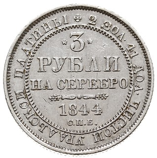 3 ruble 1844 / СПБ, Petersburg, platyna 10.30 g, Bitkin 90 (R), minimalne uderzenie na krawędzi, rzadkie