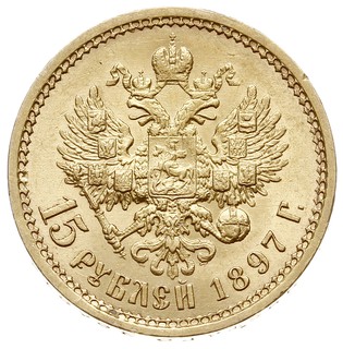 15 rubli 1897 (АГ), Petersburg, złoto 12.90 g, Bitkin 2, Kazakov 63, wybite głębokim stemplem, pięknie zachowane