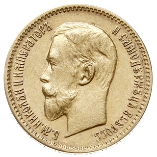 5 rubli 1909 / ЭБ, Petersburg, złoto 4.29 g, Bitkin 34 (R), Kazakov 360, rzadkie i bardzo ładnie zachowane