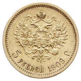 5 rubli 1909 / ЭБ, Petersburg, złoto 4.29 g, Bitkin 34 (R), Kazakov 360, rzadkie i bardzo ładnie zachowane