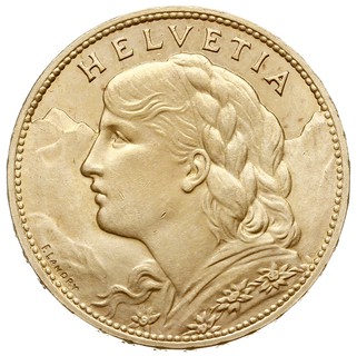 100 franków 1925 / B, Berno, złoto 32.29 g, HMZ 2-1193a, mimo nakładu 5.000 sztuk jest to rzadka moneta, gdyż ponad 1.250 sztuk z tego nakładu przetopiono, piękny stan zachowania