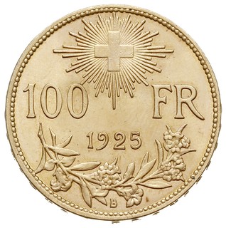 100 franków 1925 / B, Berno, złoto 32.29 g, HMZ 2-1193a, mimo nakładu 5.000 sztuk jest to rzadka moneta, gdyż ponad 1.250 sztuk z tego nakładu przetopiono, piękny stan zachowania