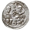Denar 1146-1157, Aw: Dwaj książęta siedzący wspólnie za stołem, skierowani ku sobie trzymają kieli..