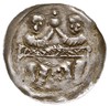 Denar 1146-1157, Aw: Dwaj książęta siedzący wspólnie za stołem, skierowani ku sobie trzymają kieli..